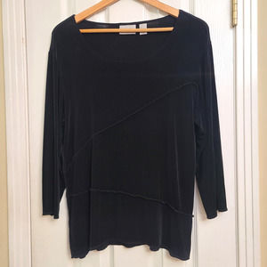 Chicos Travelers 2 3/4 Sleeve Top Acetate Stretchy Slinky Exposed Raw Hem Size L